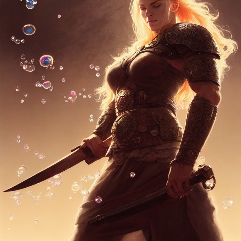 Fantasy illustration of a warrior woman in ornate armor with sword in mystical setting