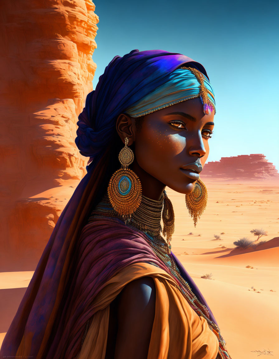 Woman in Blue Headwrap and Gold Jewelry in Desert Scene