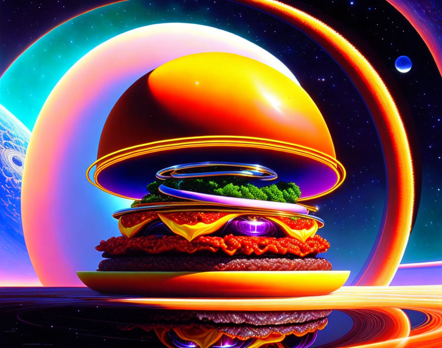 Vibrant surreal hamburger with planet buns on glossy surface