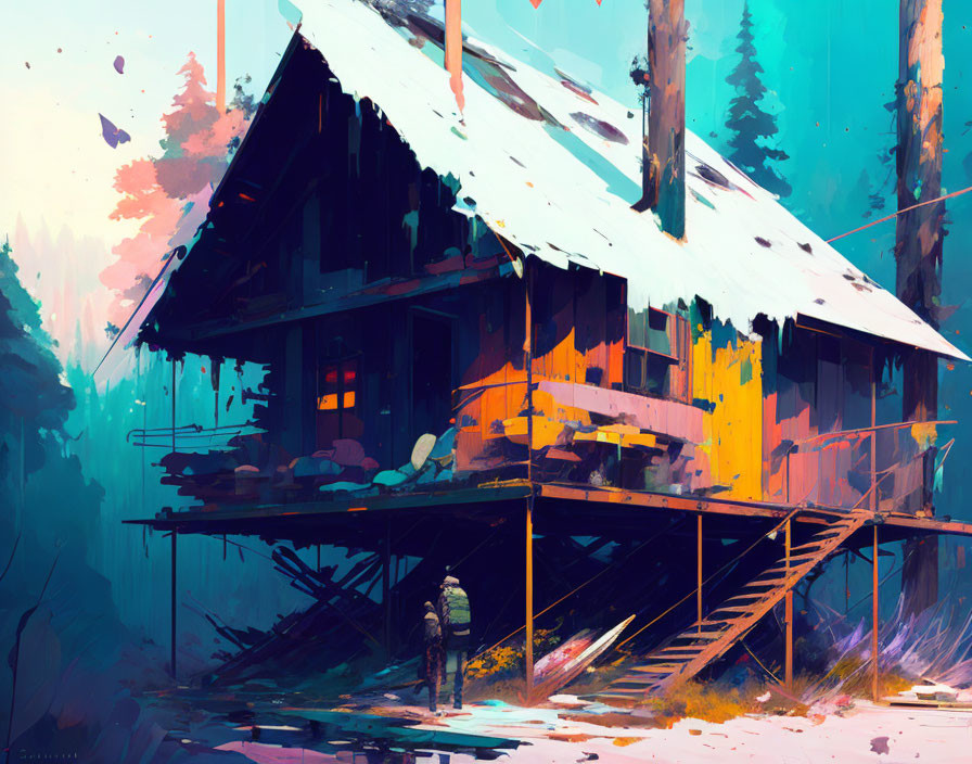 Colorful cabin on stilts in pine forest under pastel sky