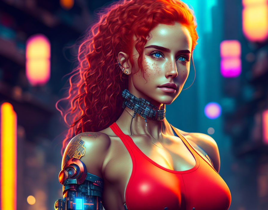 Red-haired woman with freckles and cybernetic arm in futuristic neon-lit scene