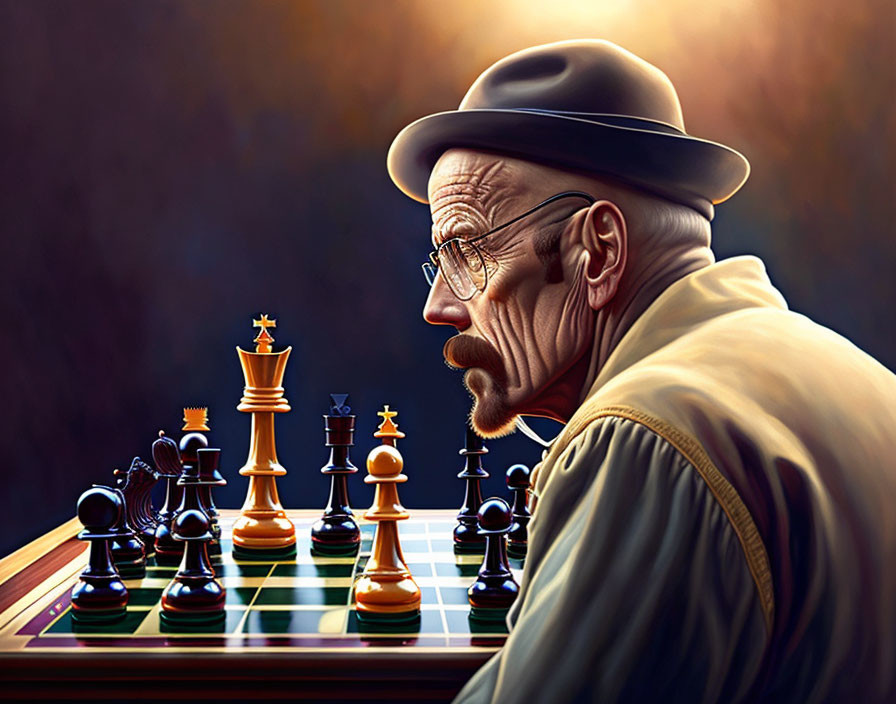 Character with glasses and fedora contemplating chess move