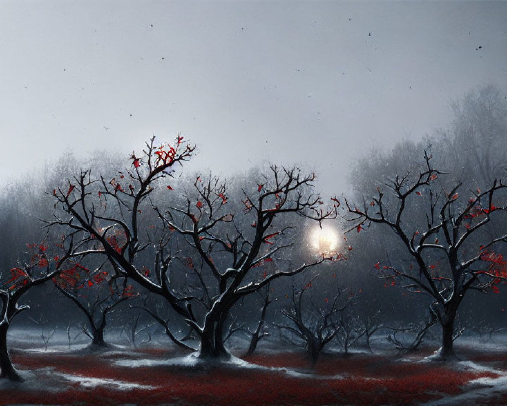 Wintry Dusk Landscape with Bare Trees and Setting Sun Glow