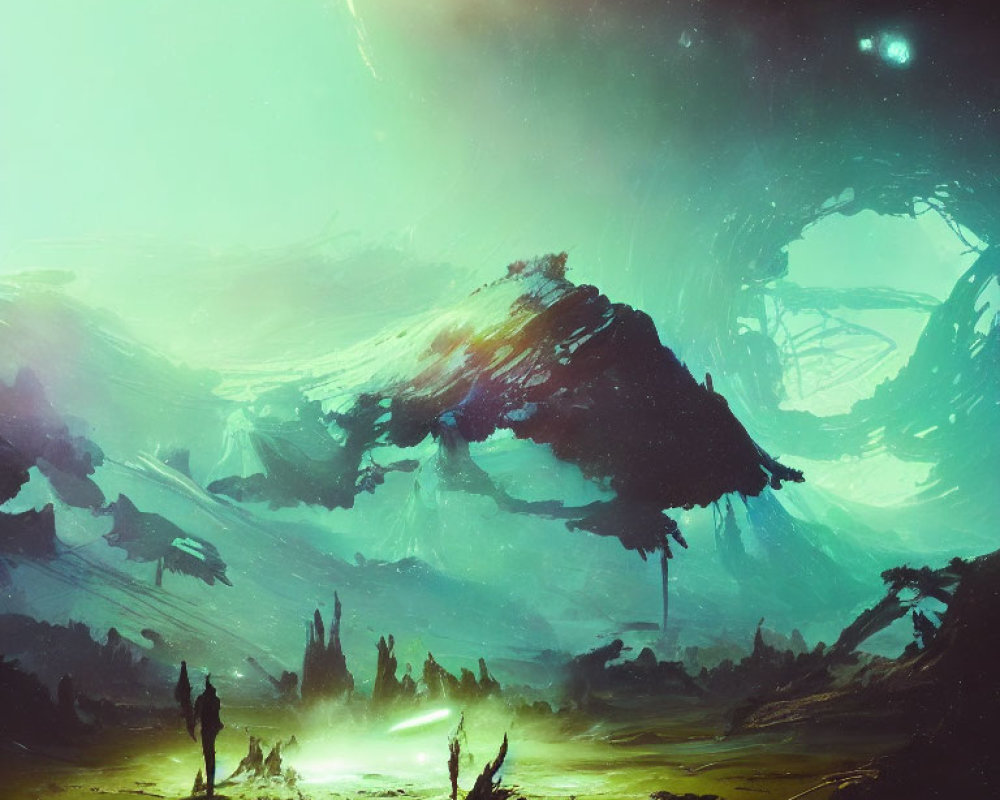 Alien landscape with explorers, rock formations, and star-filled sky