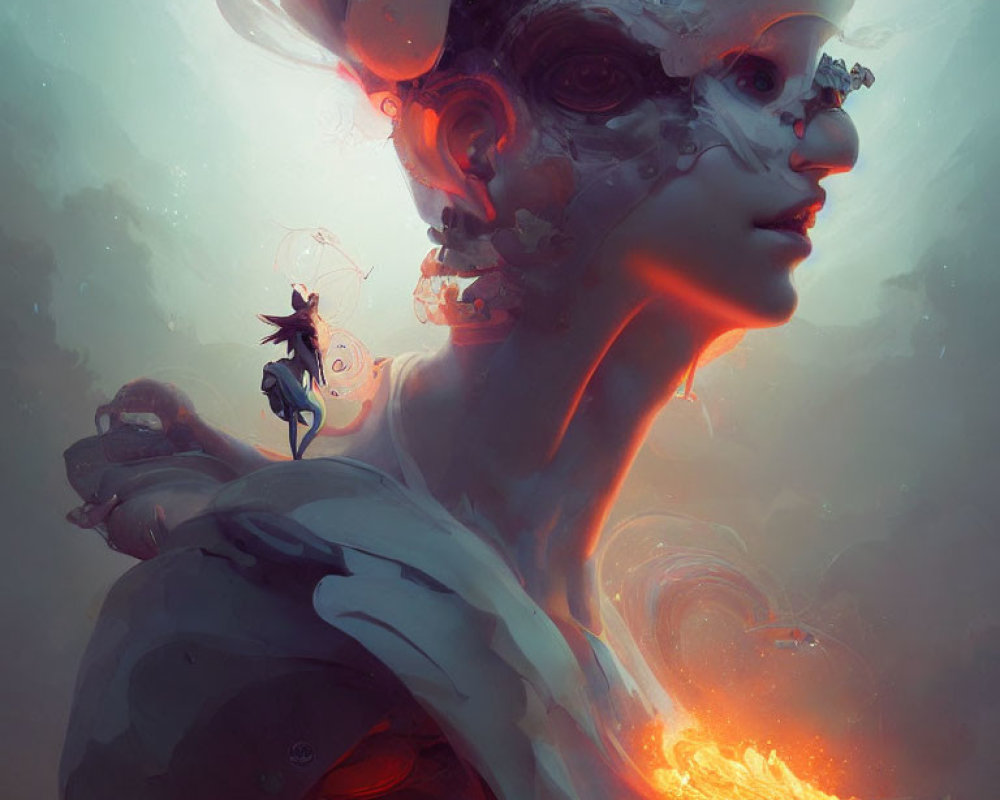 Surreal stylized human profile with ethereal qualities and glowing elements