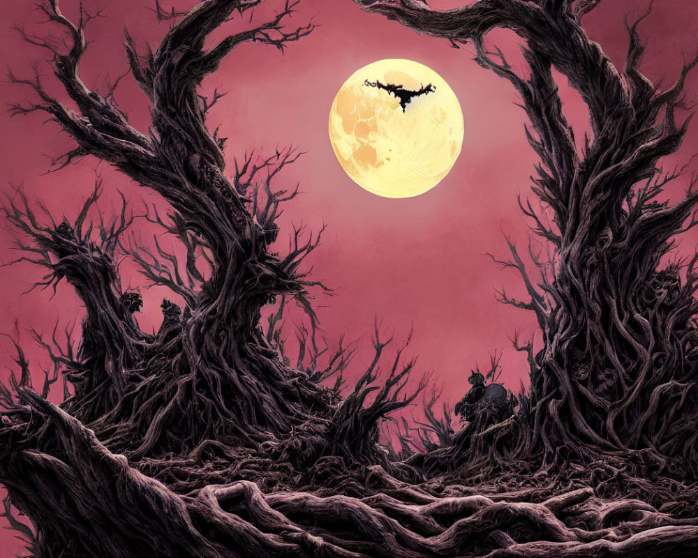 Barren trees, twisted roots, full moon, bat silhouette in eerie sky