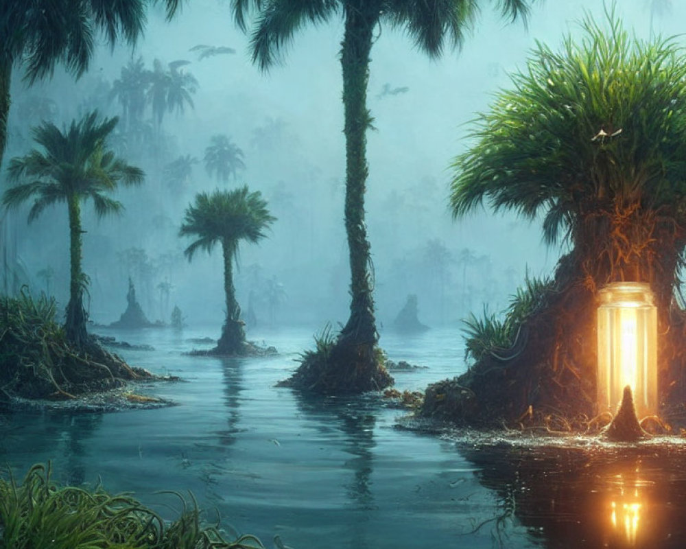 Mystical swamp scene with glowing lantern amid lush palm trees at dusk