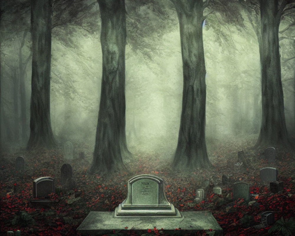 Mysterious foggy forest with graveyard and ornate tombstone