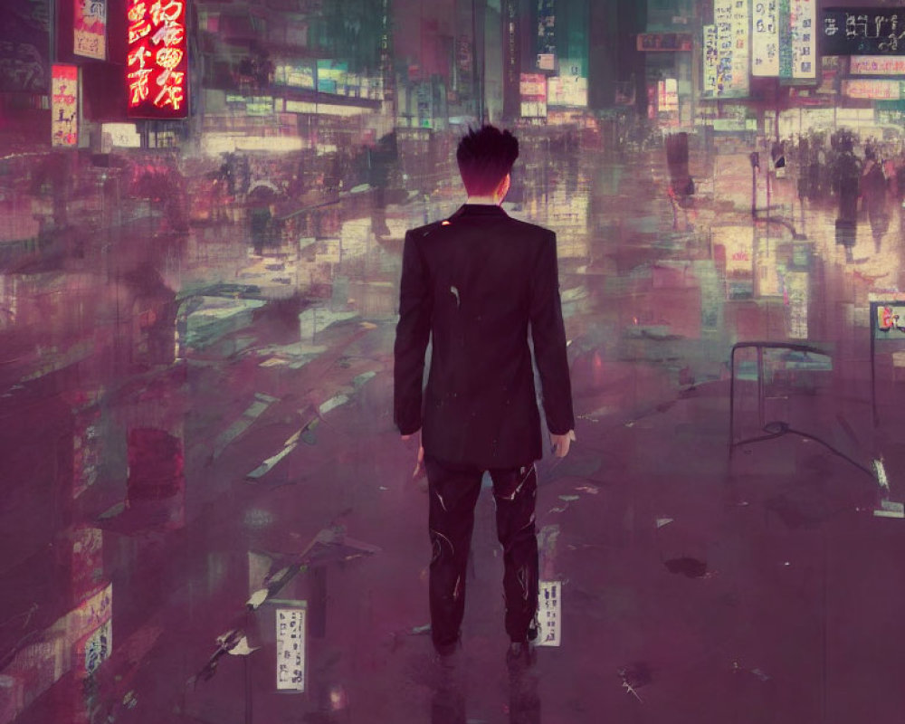 Man in suit gazes at surreal mirrored cityscape with neon signs