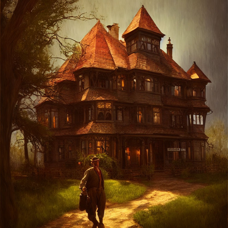 Person approaching large Victorian house under gloomy sky with lit windows