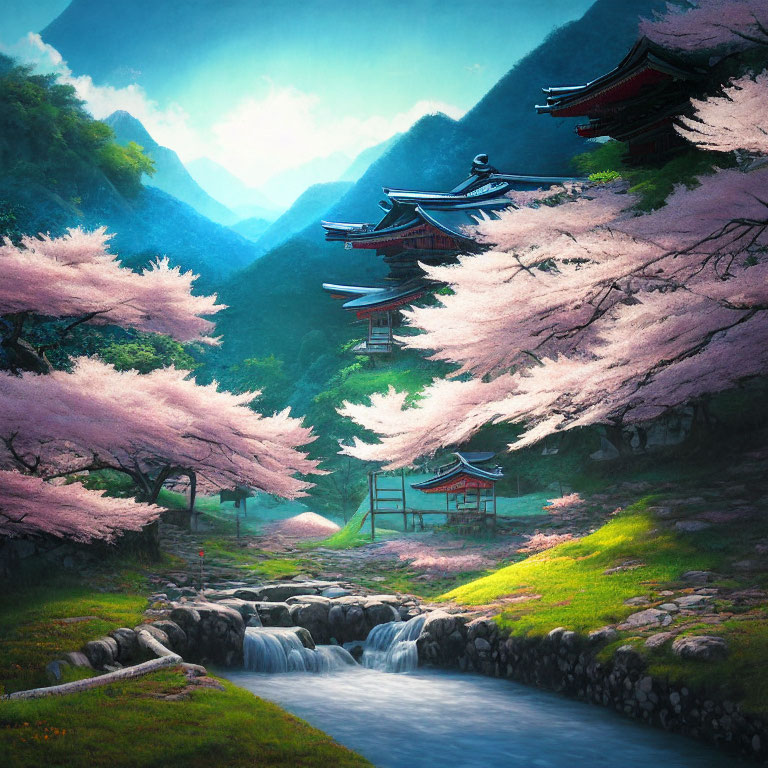 Tranquil Cherry Blossom Landscape with Pagodas and Mountains