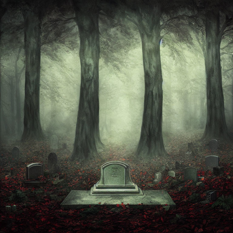 Mysterious foggy forest with graveyard and ornate tombstone