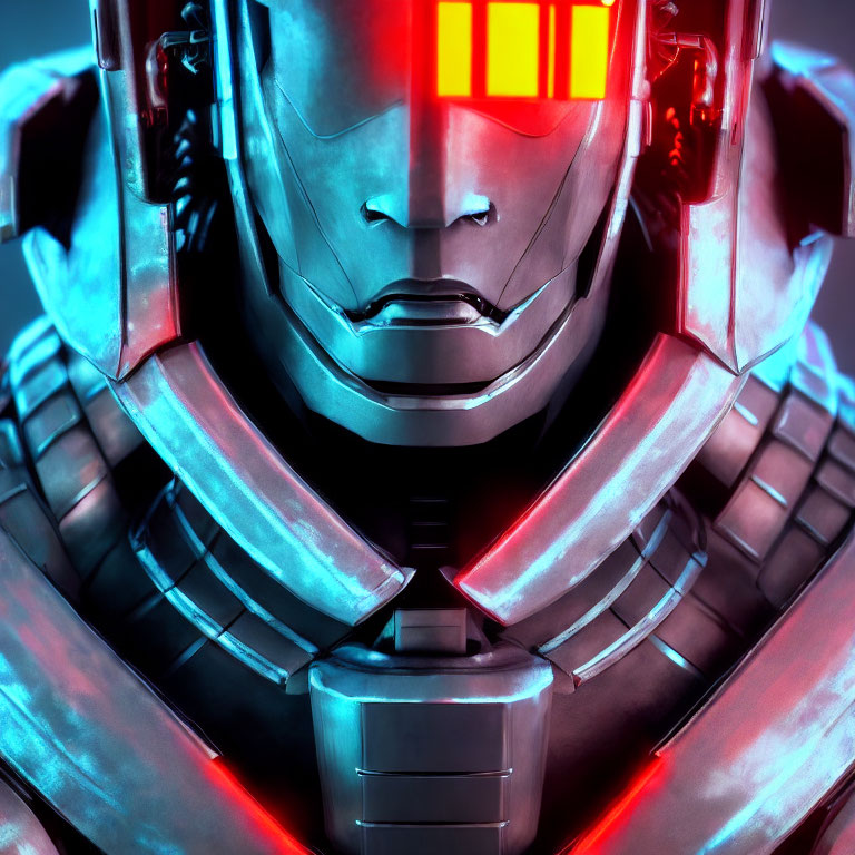 Detailed Red and Blue Futuristic Robot with Glowing Yellow Eyes