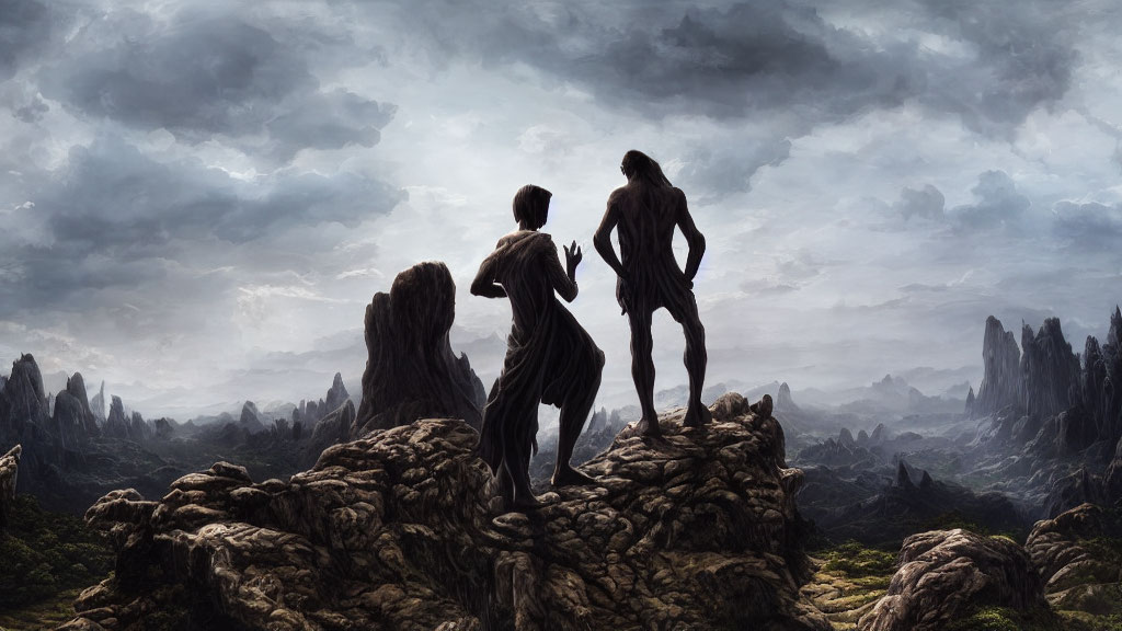 Silhouetted figures on rocky terrain with dramatic spires and cloudy skies