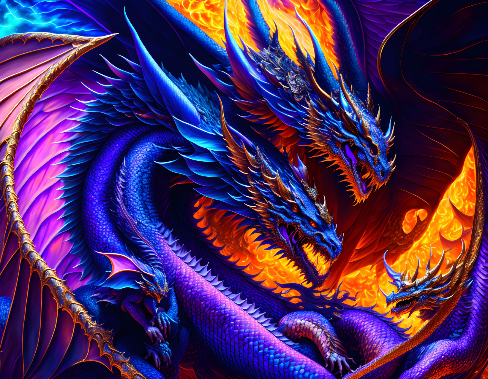 Detailed digital artwork: Trio of blue-purple dragons with fiery orange accents