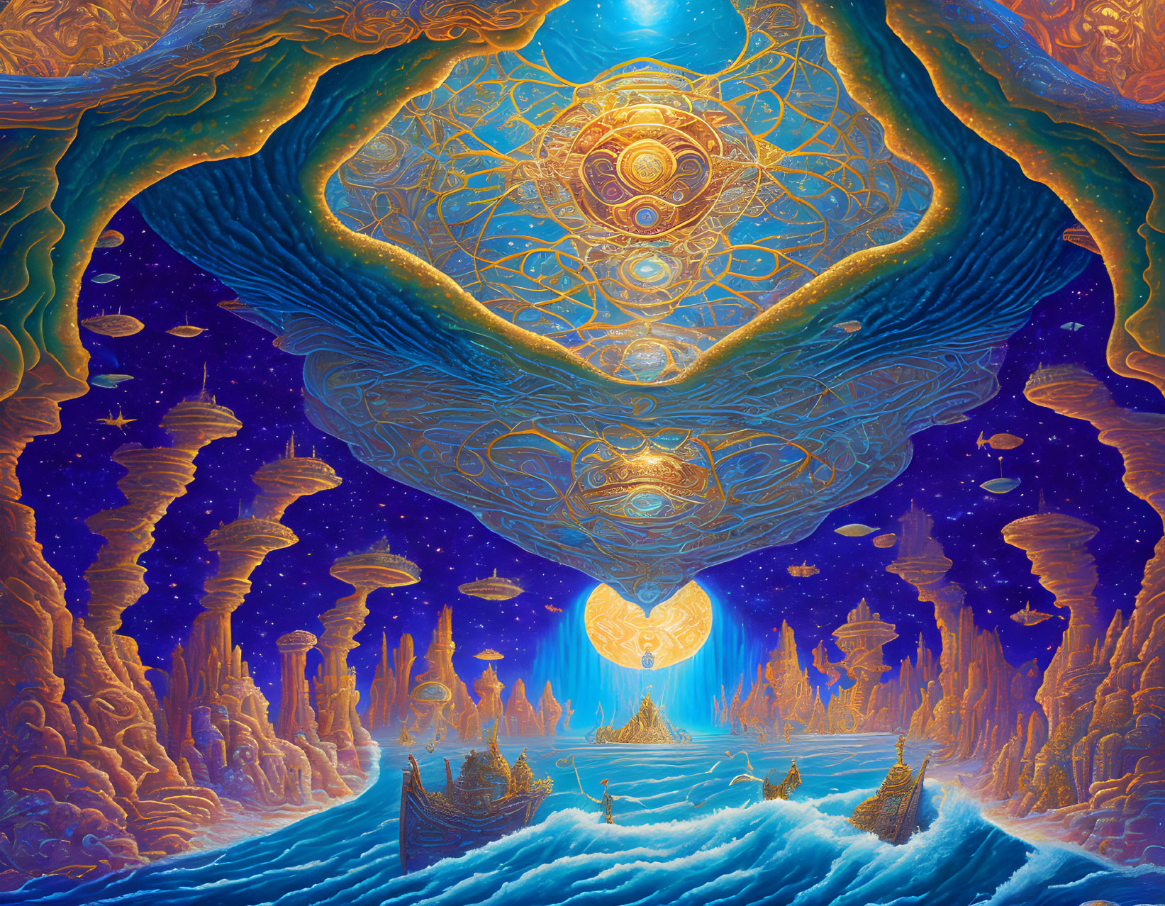 Surreal cosmic landscape with celestial bodies and energy portal