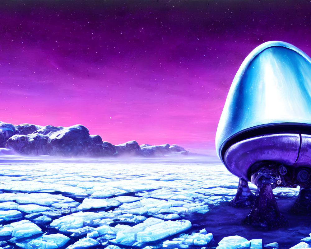 Futuristic spaceship on cracked icy alien terrain under purple sky