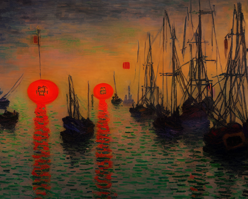 Vibrant sunset harbor painting with silhouetted ships and orange sky