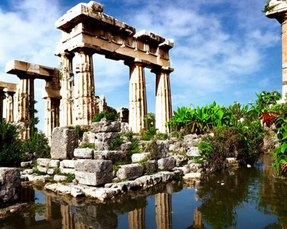 Ancient stone ruins with towering columns near serene water and greenery.