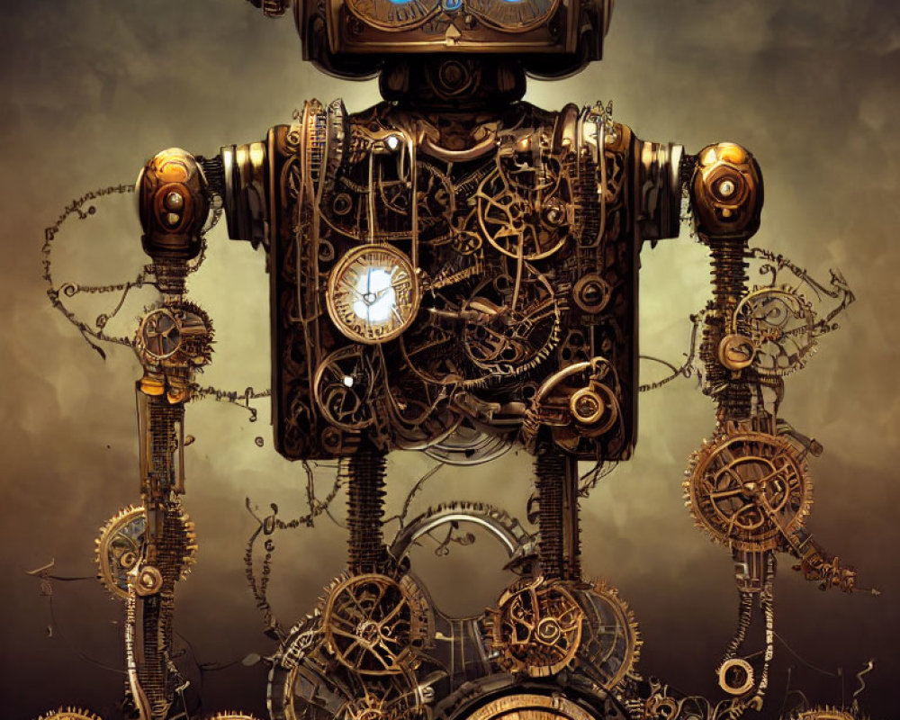 Steampunk-style robot with glowing blue eyes and clock in chest on sepia backdrop