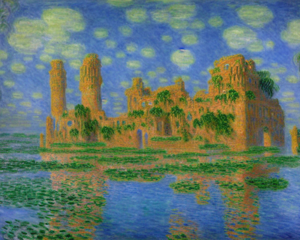 Golden Castle Amidst Ruins Reflected in Blue Water with Textured Sky