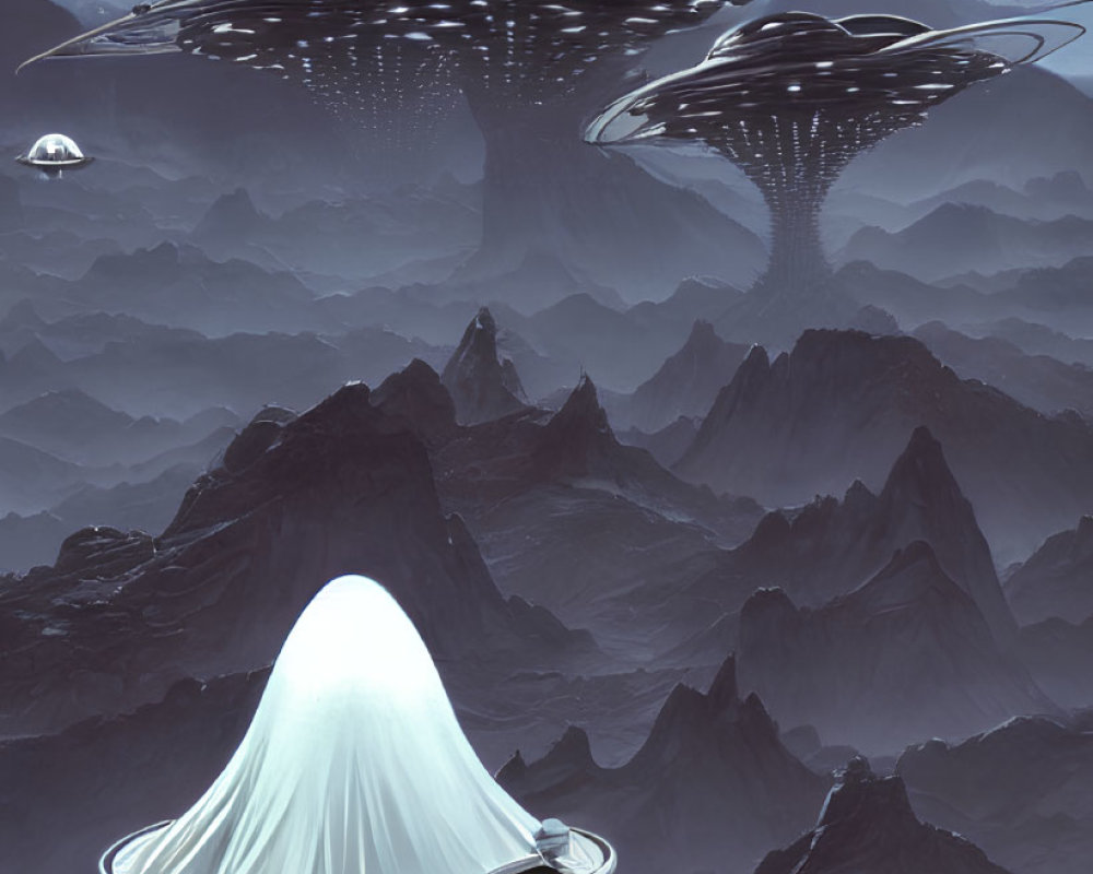 Futuristic landscape with floating UFO-like structures over mountainous terrain