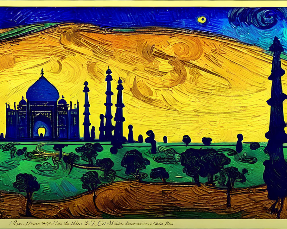 Artistic depiction of Taj Mahal with swirling skies and vibrant colors