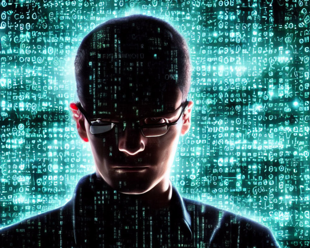 Silhouette with Glasses on Green Binary Code Background