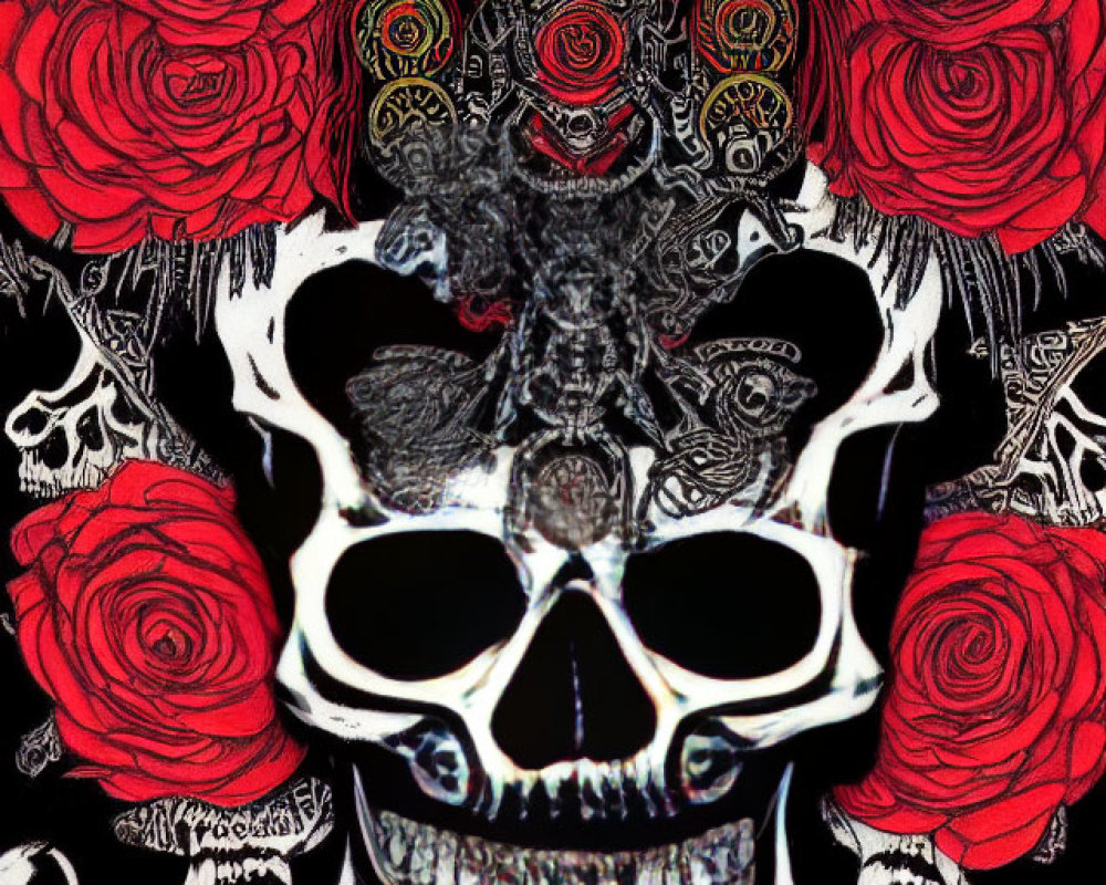 Monochrome skull with red roses and intricate patterns