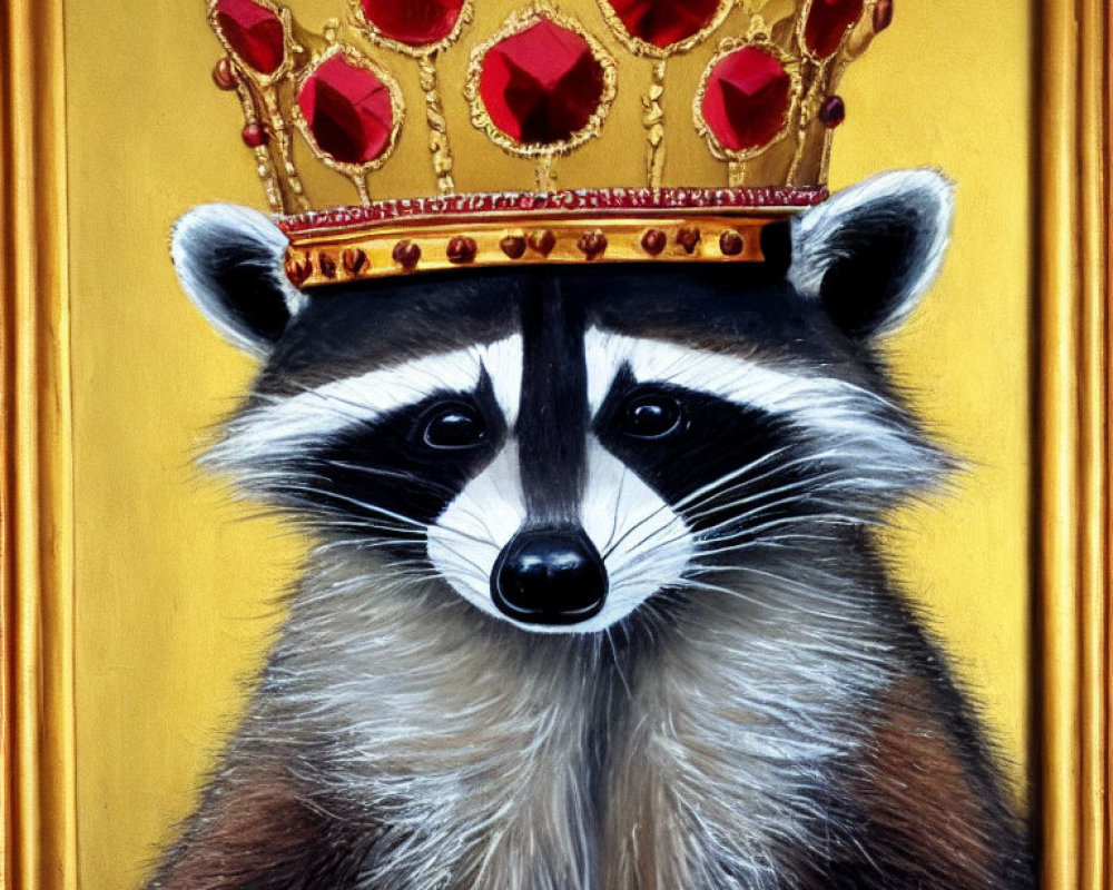 Raccoon Portrait with Gold Crown and Red Gems on Yellow Background