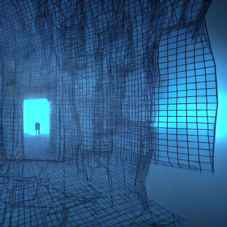 Silhouette of person at tunnel entrance in blue, grid-like structure.