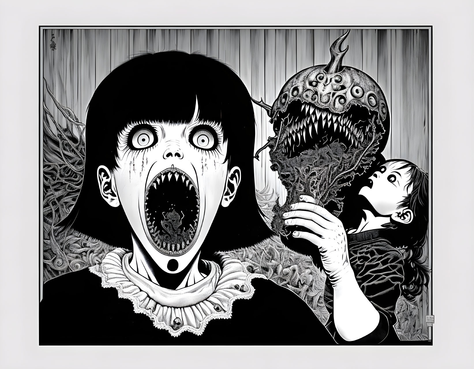 Dark monochrome illustration of two startled girls with emerging monsters.