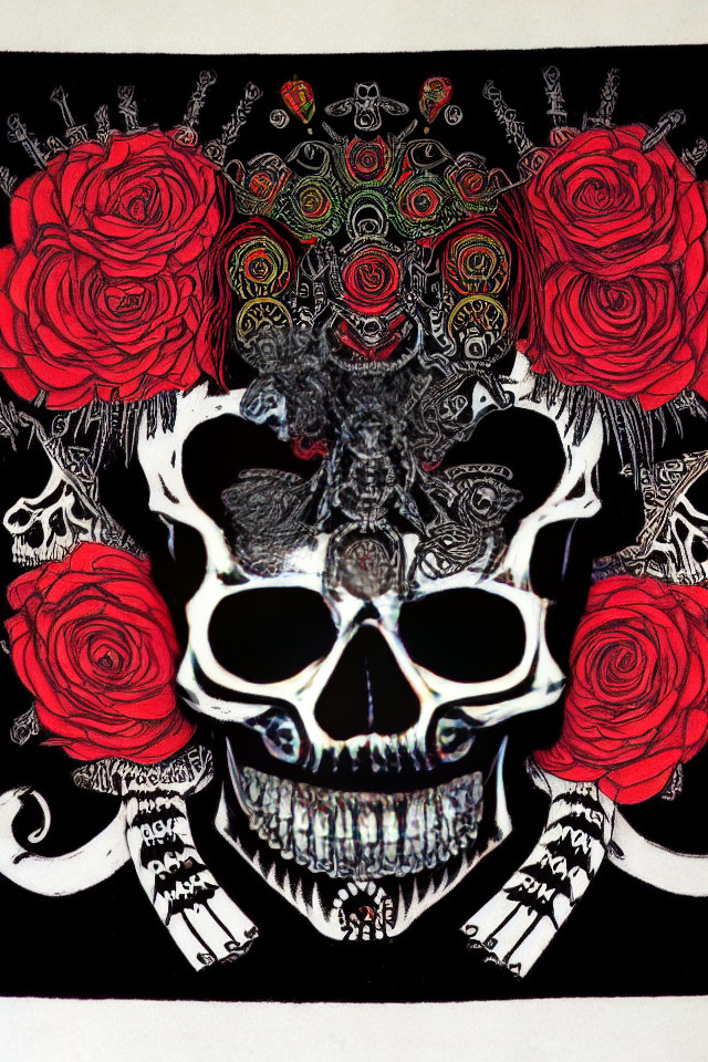 Monochrome skull with red roses and intricate patterns