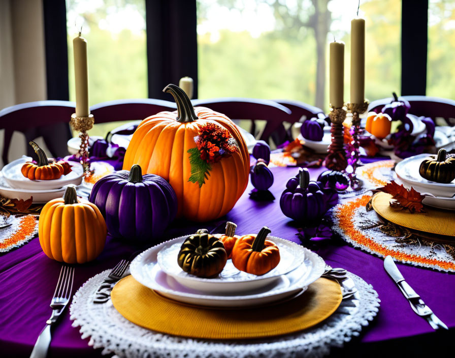 Vibrant Thanksgiving table decor with pumpkins, candles, and fall accents