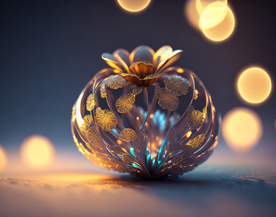 Golden Filigree Apple Sculpture Illuminated in Soft Bokeh Lights