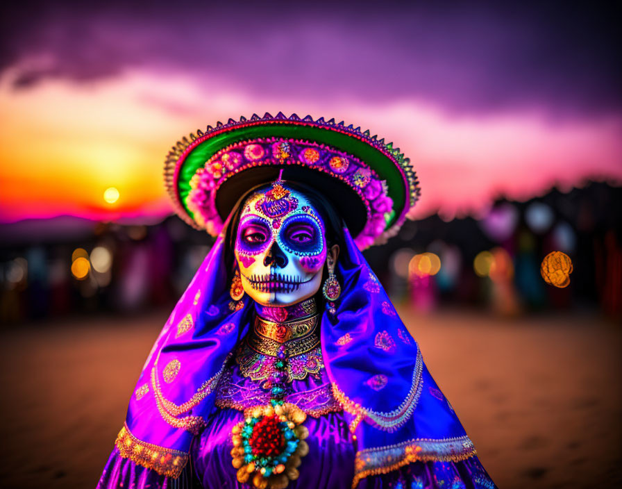 Person in Dia de los Muertos makeup and sombrero at sunset