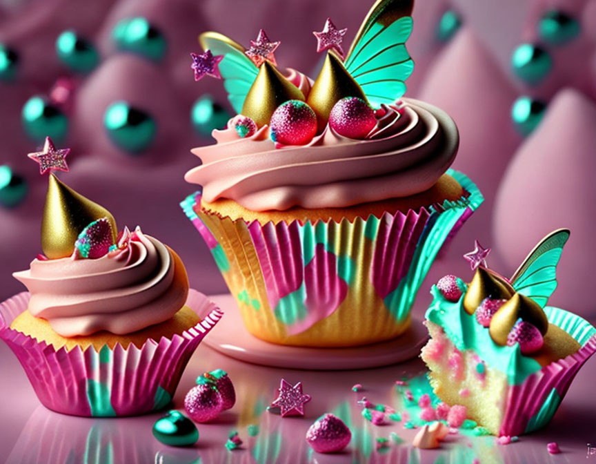 Colorful Fantasy Cupcakes with Glittery Decorations & Butterfly Wings