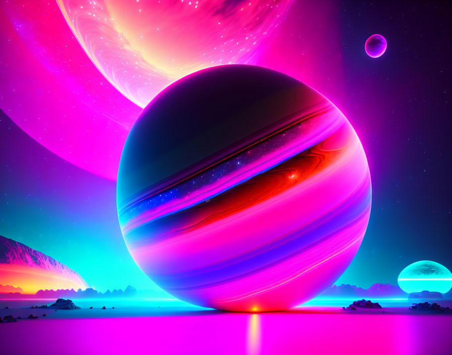 Surreal neon-colored planetary landscape with striped planet and celestial bodies