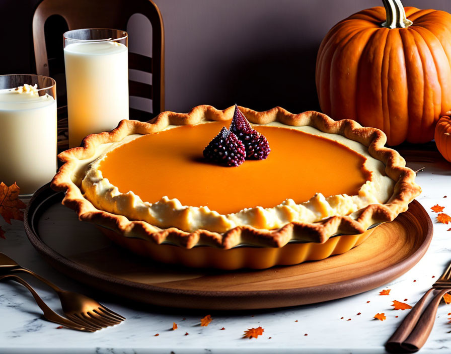 Pumpkin pie with berries on wooden plate, beside whole pumpkin and milk glasses