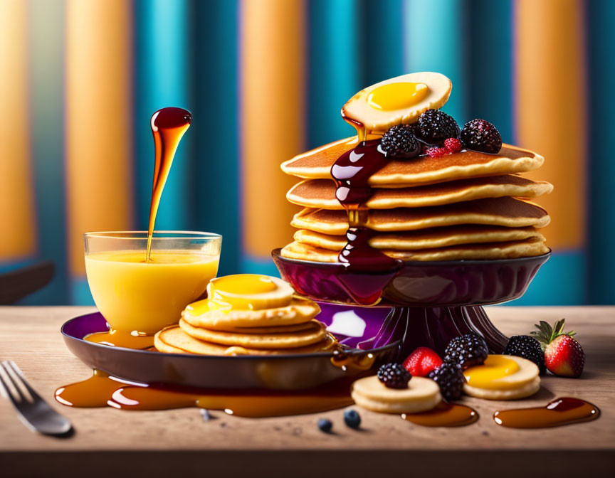 Fluffy pancakes with butter, syrup, and berries on purple plate with orange juice.