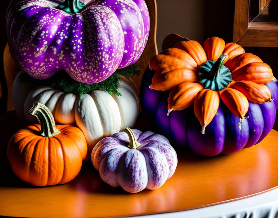 Vibrant Purple, Orange, and White Pumpkins on Wooden Surface