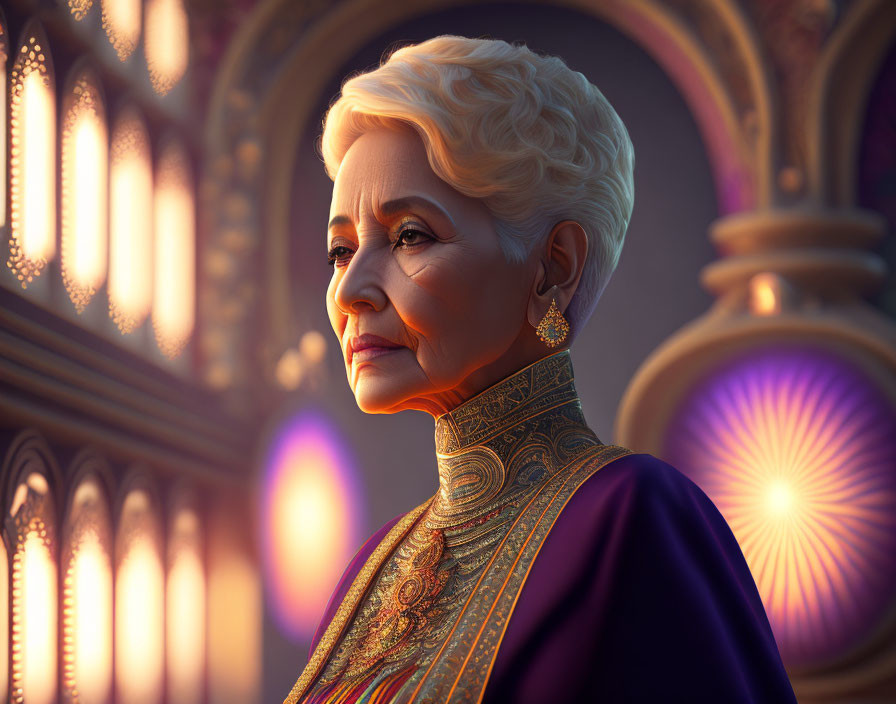 Elderly woman in elegant attire gazes against glowing windows