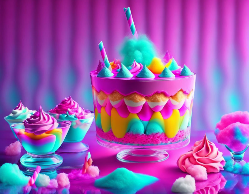 Colorful Trifle, Meringues, and Cotton Candy on Pink Striped Background