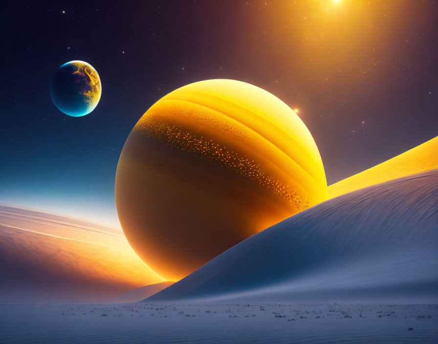 Surreal space scene with ringed planet, Earth-like planet, and orange nebula-filled sky