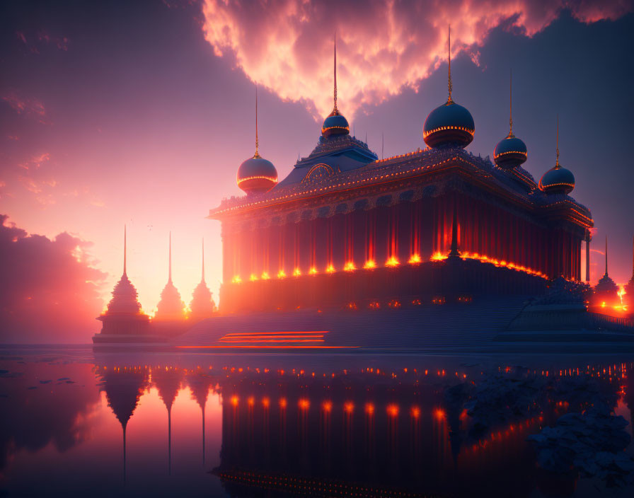 Palace-like Building with Domes and Spires at Sunset