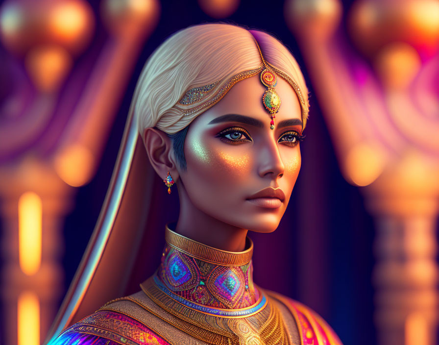 3D digital portrait of a woman in gold jewelry and ornate attire