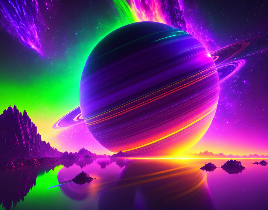 Striped planet in neon aurora sky over calm waters amid rocky terrain