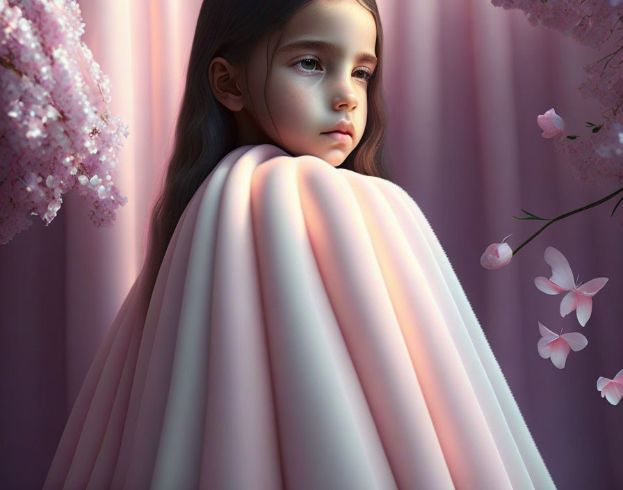 Young girl wrapped in pink blanket amid cherry blossoms and pink backdrop.