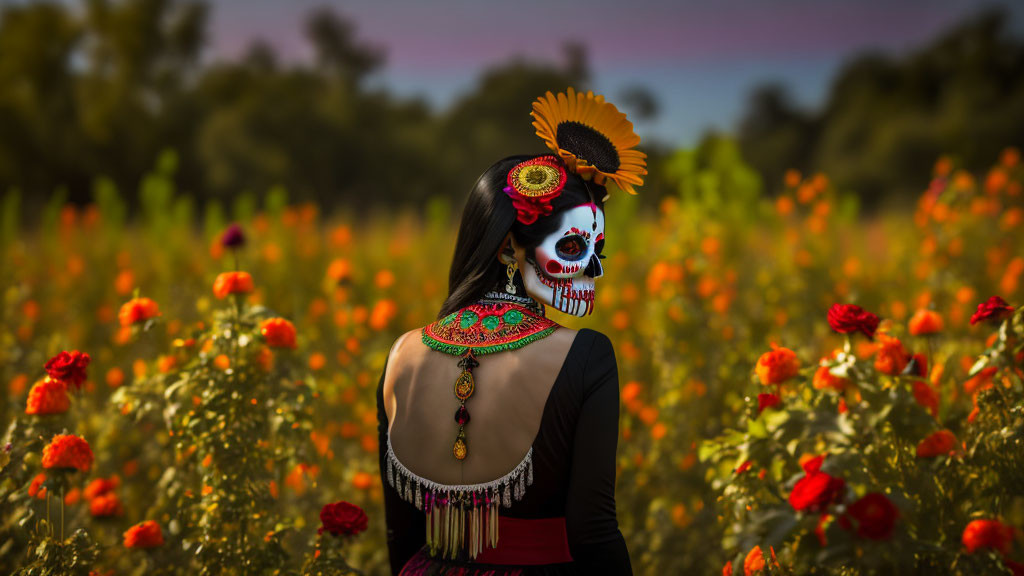 Person in skull face paint in Day of the Dead attire among orange flowers