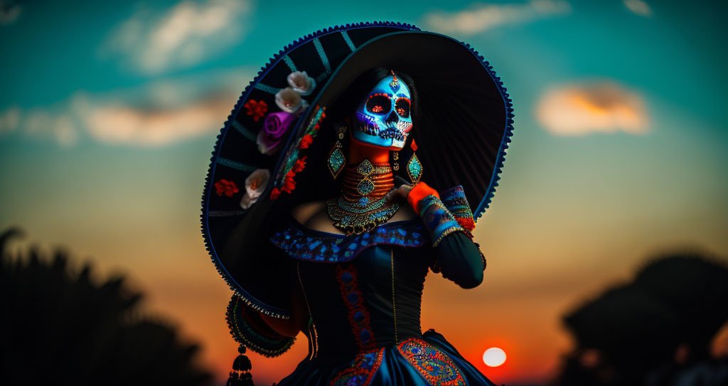 Traditional Mexican attire with sugar skull makeup at sunset